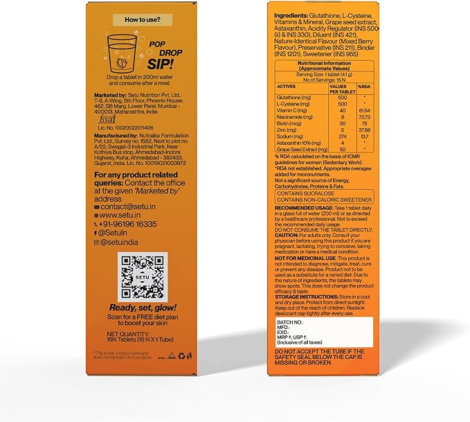 Glutathione Effervescent Tablets for Skin with 500mg L-Glutathione & Vitamin C | Sugar-Free Antioxidant Supplement for Clear, Glowing Complexion | Mixed Berry & Orange (Pack of 2) | 30 Tablets