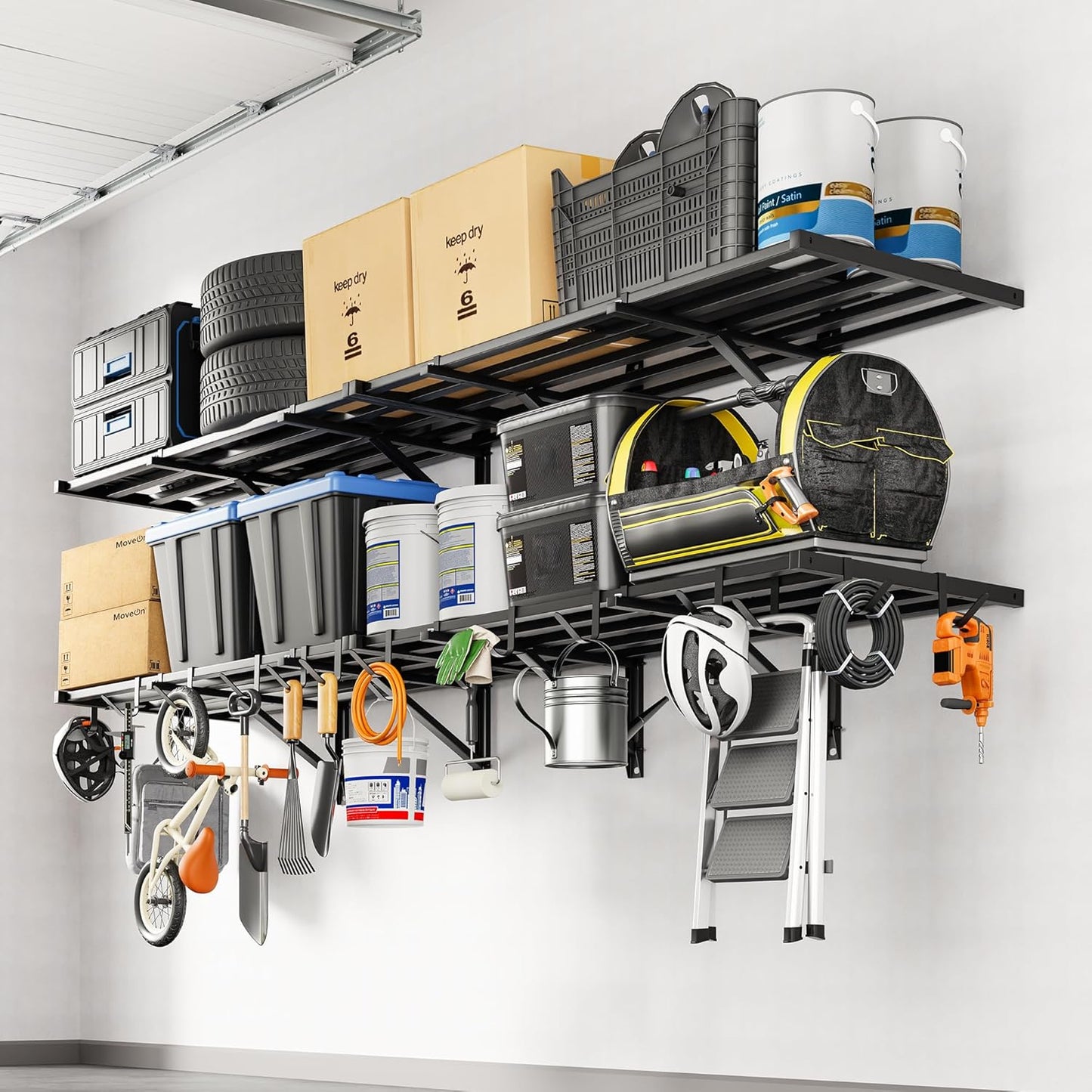 FLEXIMOUNTS 2x4ft Heavy Duty Garage Wall Shelving, 4-Pack Garage Shelving Wall Mounted with 8 Hooks, 400lbs Capacity, Storage for Power Tools, Garden Supplies, Storage Bins, Lite Series