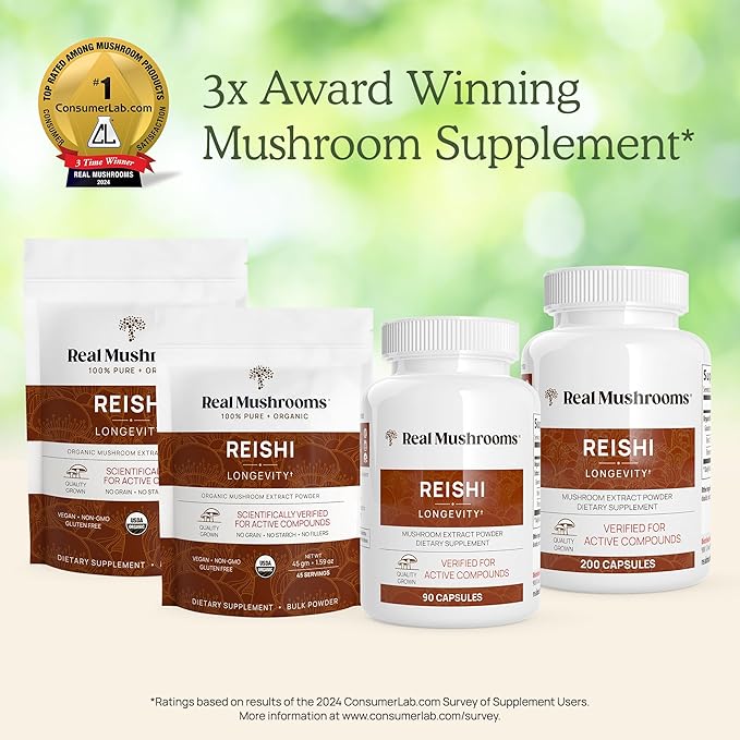 Real Mushrooms Reishi Mushroom Powder - Handpicked Organic Mushroom Extracts - Red Reishi for Tranquil Daily Wellness with Verified Beta Glucans Vegan, Non-GMO, No Grain Fillers, 100 Servings