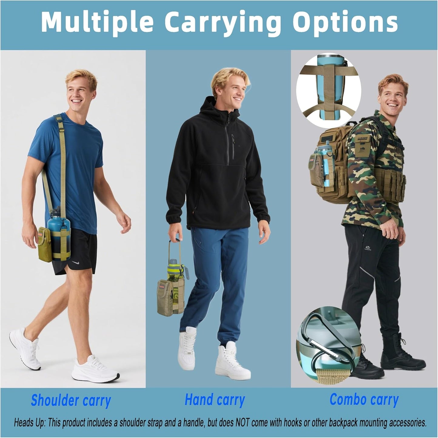 MOLLE Water Bottle bag - Bottle Holder Carrier Sling with Strap for Walking - Manual Strap Adjustment for Precise Fit of Most 18-64 oz Bottles (Check Size Fit Guide), Khaki