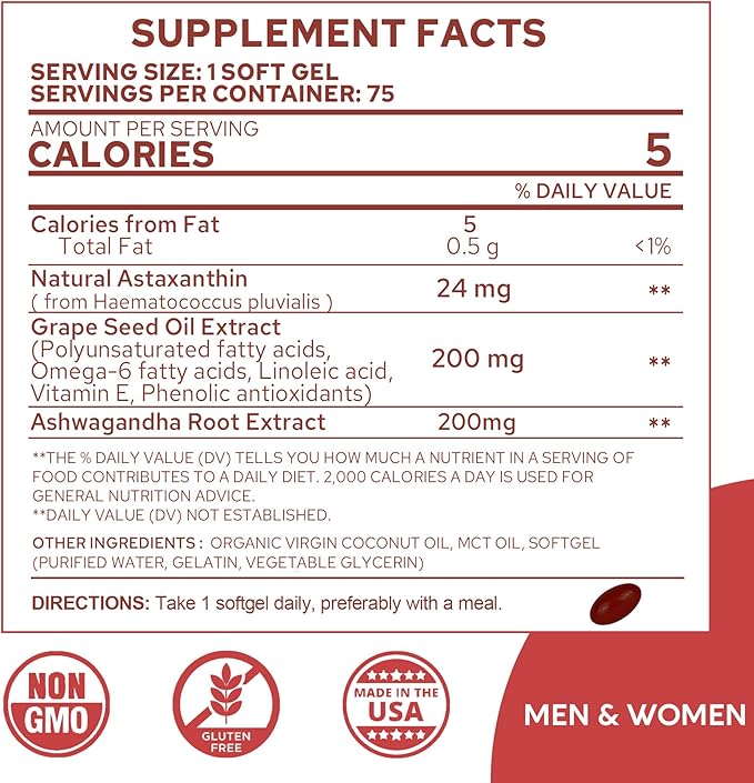 Astaxanthin Supplements 24mg, 5 Month Supply - Coconut MCT Oil, Fresh Microalgae Source w/Grape Seed Oil, Ashwagandha - Antioxidants for Healthy Skin, Eyes, Aging - Non-GMO & Gluten Free, 150 Softgels