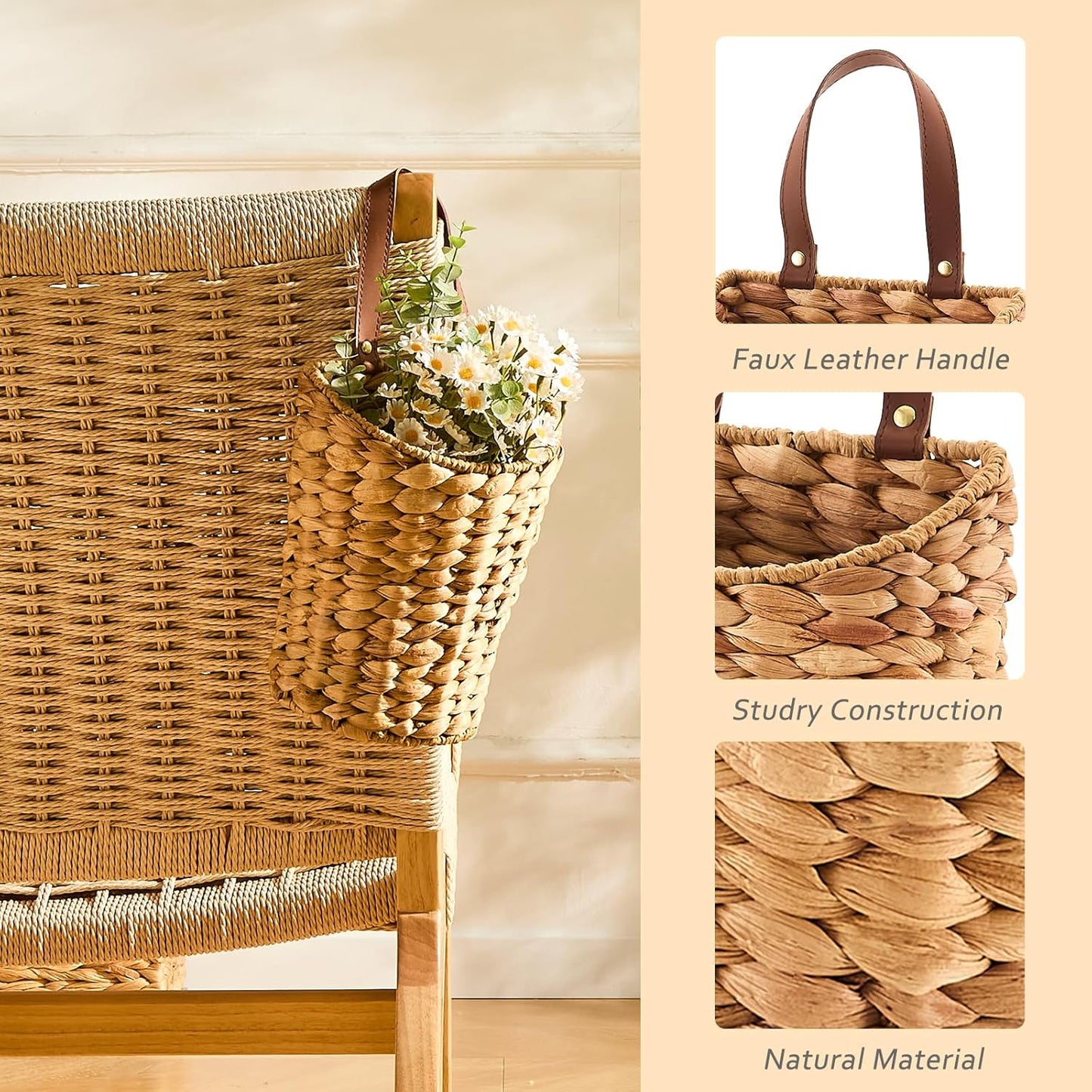 Handwoven Front Door Basket Water Hyacinth Wall Hanging Basket Decorative Boho Mounted Organizer for Dried Flower Plants Storage Basket for Garden, Home, and Farmhouse Décor