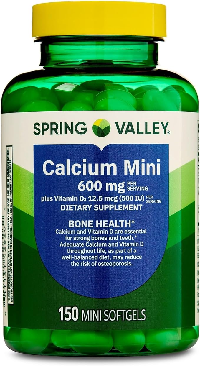 Spring Valley Calcium 600 mg Plus Vitamin D3 Dietary Supplement, 150 Mini Softgels | Small Calcium Pills Easy to Swallow | Calcium Softgels |