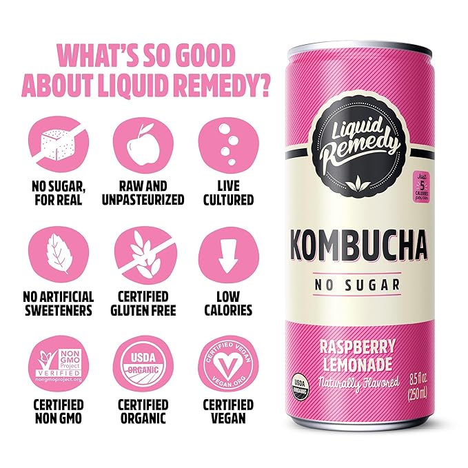 Liquid Remedy Kombucha Sugar Free Organic Drink, Low Calorie, Probiotic Like Tea for Gut Health - Fruity Faves Variety Pack - 8.5 Fl Oz Can, 12-Pack