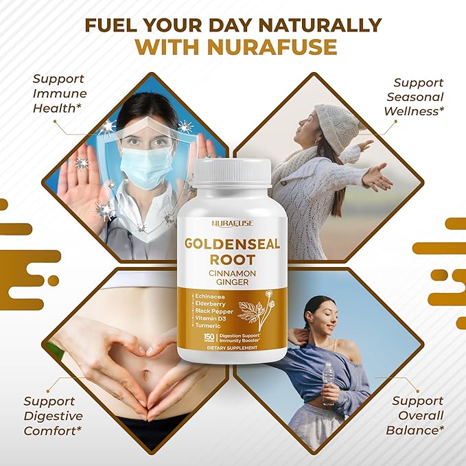 Goldenseal Root 8-in-1 Formula - with Cinnamon Ginger Echinacea Elderberry Black Pepper Vitamin D3 - Non-GMO, Gluten-Free, Soy-Free