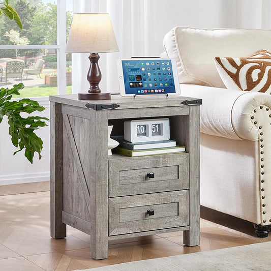 Nightstand with Charging Station and USB Port, Farmhouse Night Stand with 2 Drawers and Shelf Storage, Wooden Side End Table, Bedside Cabinet for Bedroom, Living Room, Closet,Office (Grey)