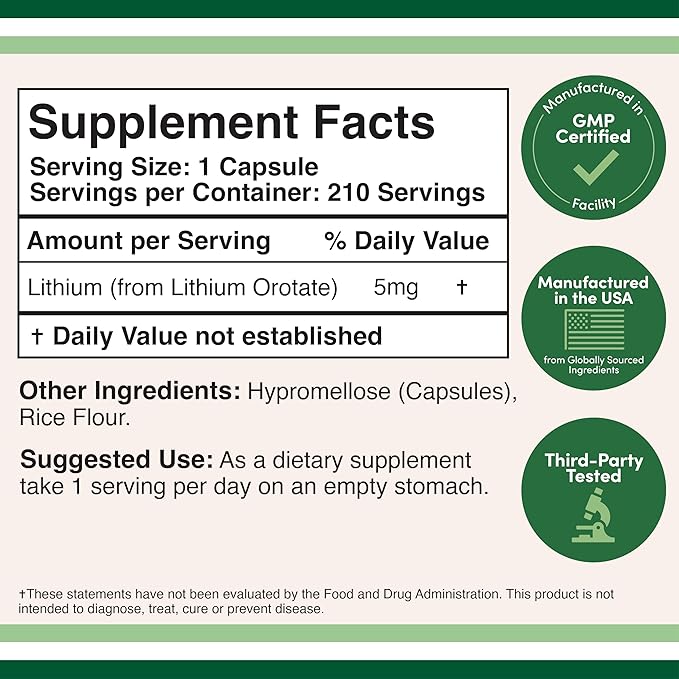 Lithium Orotate 5mg of Elemental Lithium for Cognition and Brain Health, 210 Capsules (Third Party Tested, Vegan Safe, Non-GMO) by Double Wood Supplements