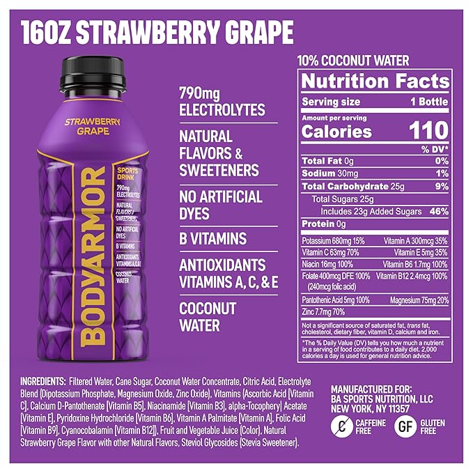 BODYARMOR Sports Drink Sports Beverage, Strawberry Grape, Coconut Water Hydration, Natural Flavors With Vitamins, Potassium-Packed Electrolytes, Perfect For Athletes, 16 Fl Oz (Pack of 12)