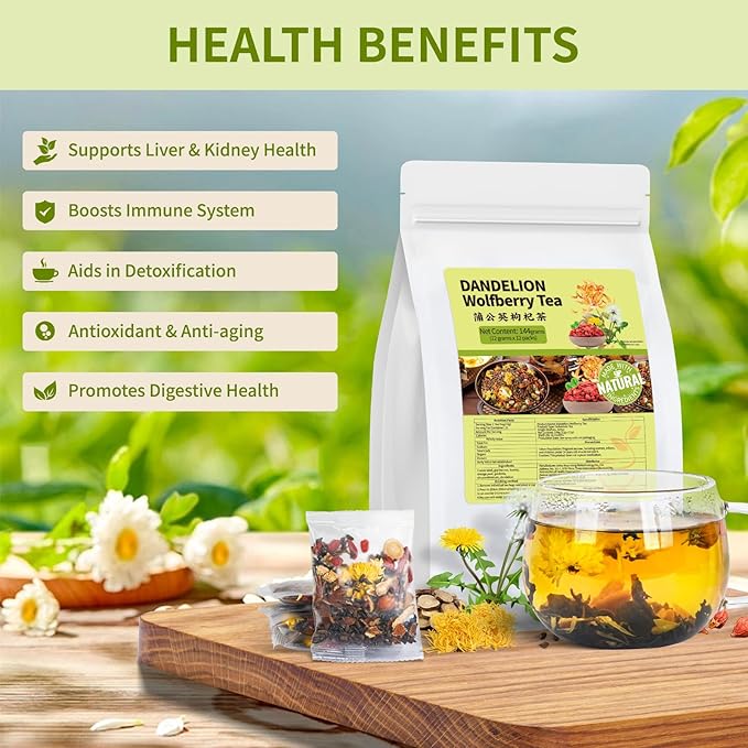 Dandelion Wolfberry Tea Bags, Natural Kidneys & Liver Health Tea with Dandelion, Chrysanthemum, Wolfberry, Cassia Seed, Licorice, Orange Peel, Gardenia, Dandelion Root Tea Organic(2 Pack/24 Bags)