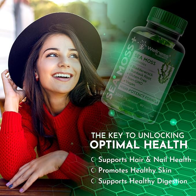 Sea Moss Gummies, 3200mg Irish Sea Moss Mixed Berry Flavor with Maximum Potency Bladderwrack and Burdock Root - Supports Skin, Energy and Immunity - 180 Count