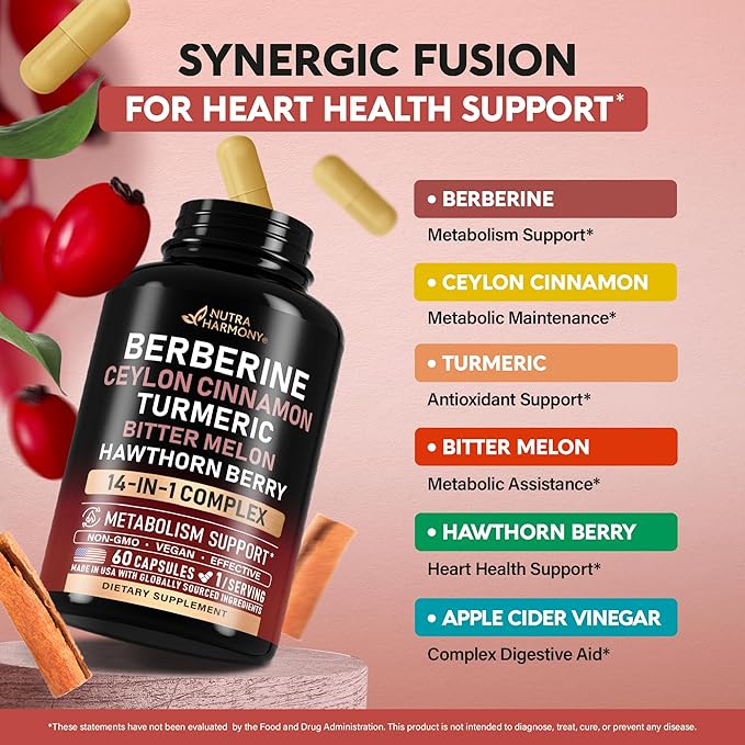 Berberine with Ceylon Cinnamon | Gymnema Extract | Apple Cider Vinegar | Hawthorn Berry | Citrus Bergamot | Bitter Melon - 14-in-1 Supplement for Heart Support, Metabolism & Energy - Vegan 60 Capsules