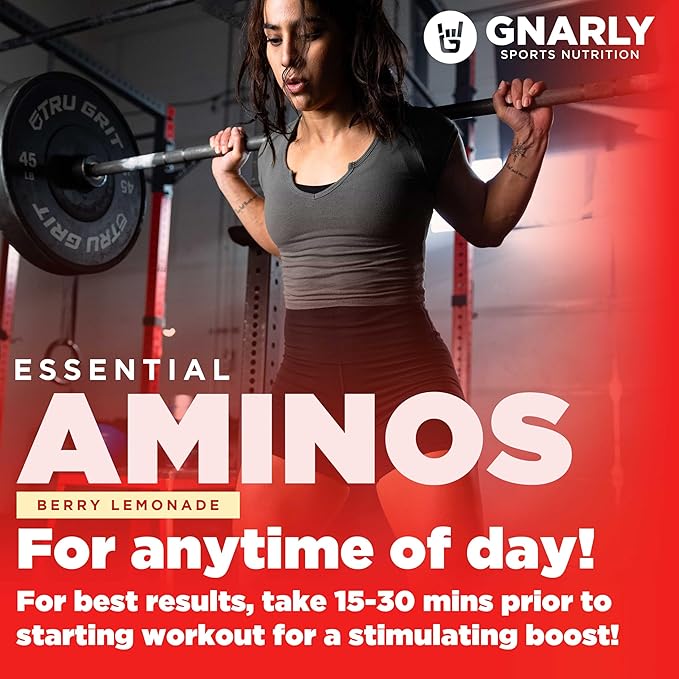Gnarly Nutrition Essential Aminos Powder, Berry Lemonade – Pre-Workout Amino Acids – NSF Contents Certified – Supplement to Support and Rebuild Muscle – Berry Lemonade Caffeine Free, 10.58 oz