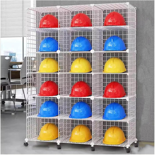 Stackable Safety Helmet Storage Boxes, Large Adjustable Hard Hat Placement Organizer Rack,with Wheels,for Construction Site/Garage/Workshop/Factory Helmet Display Shelf (White, 18 Grids-3 * 6)