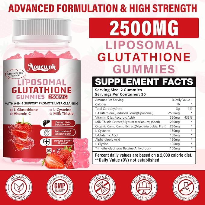 2500MG Liposomal Glutathione Gummies Supplement - Skin Whitening & Protect Liver Gummies, Increas 98% Absorption Rate, with L-Glutathione, Milk Thistle & L-Glycine, Antioxidant Anti-Aging Support