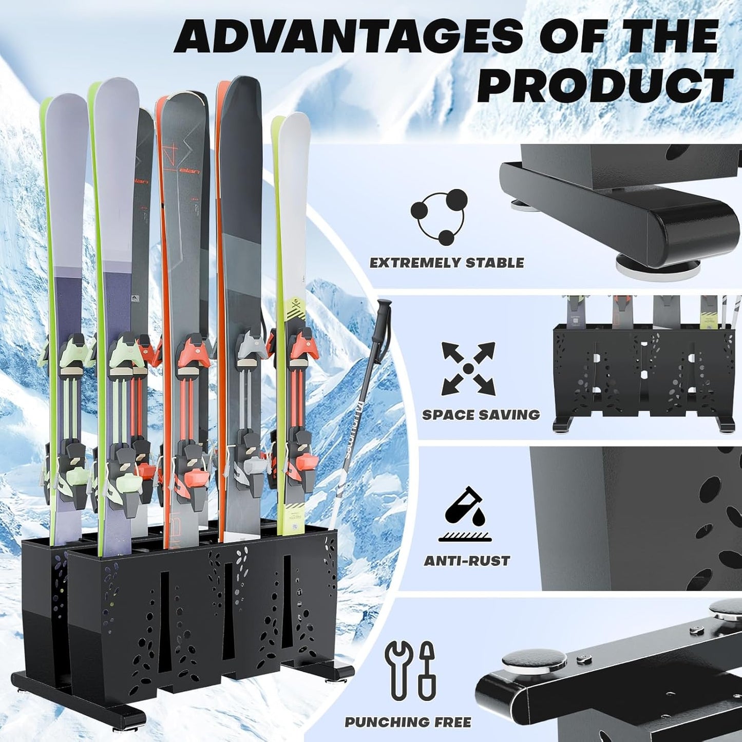 Ski Storage Rack for Garage, 8 Pair Heavy Duty Steel Freestanding Ski Storage Organizer, Indoor Ski Holder Racks for Home and Garage Storage