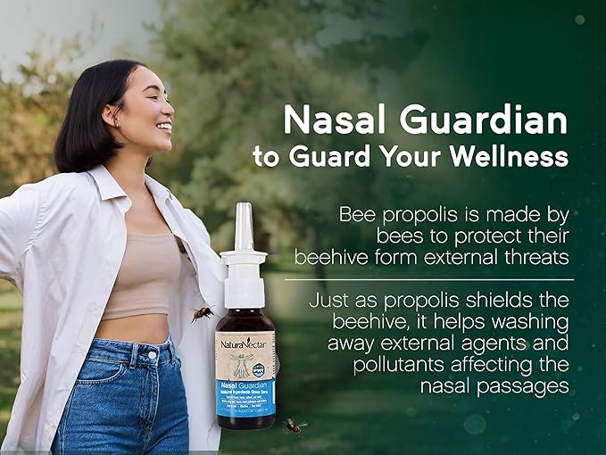 NaturaNectar - Bee Propolis Nasal Spray Saline Sinus Rinse & Relief - Pure Brazilian Propolis and Ingredients - Gentle and No Burning Sensation - Nasal Guardian - Ethical Beekeeping - 1 FL Oz - 1 Pack