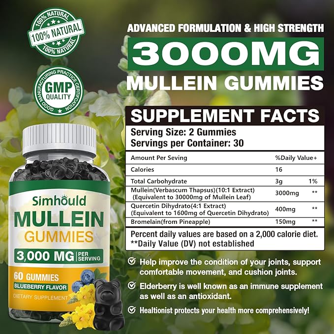 1 Pack Sugar Free 3000MG Mullein Gummies - Lung Cleanse, Mullein Leaf Extract Supplement for Respiratory, Organic Mullein Drops with Quercetin & Bromelain for Lung, Digestive Health & Immune