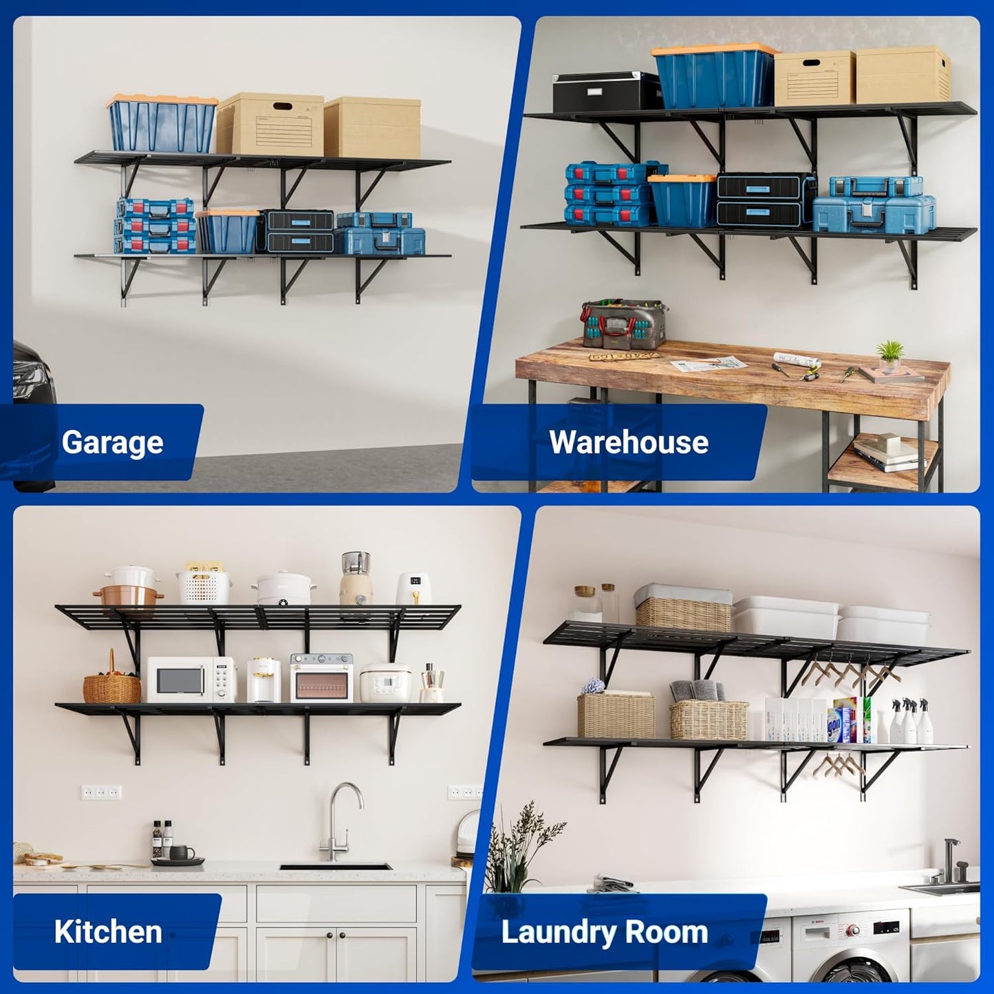 FLEXIMOUNTS 2x6ft Heavy Duty Garage Storage Wall Shelving, 1600lbs Load Capacity, 2 Pack Wall Mounted Storage Rack, 24x75 inch Rack Floating Shelves for Garage Organization, Snap Assembly, Pro Series