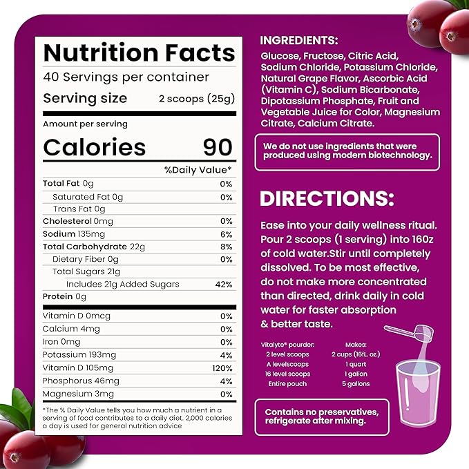 Vitalyte Electrolyte Powder Drink Mix, Isotonic Electrolyte Hydration Mix, Gluten Free Post Workout Powder Mix, Pack of 1, 35 oz., Cranberry Frost Flavor