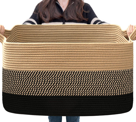 Goodpick Woven Blanket Basket, 21.6" x 14.9" x 11.8" Wicker Laundry Basket for Clothes, Storage Baskets for Organizing, Rectangle Rope Large Baskets for Storage, Black Jute
