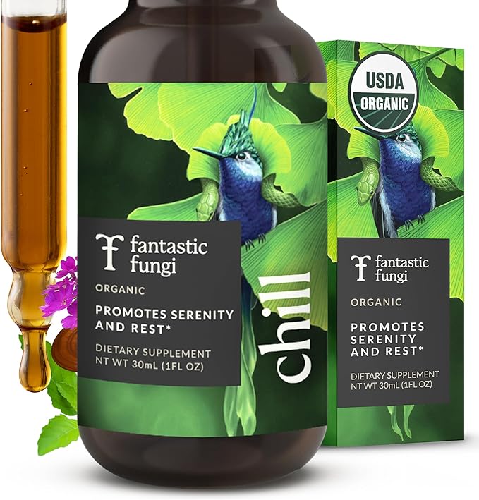 Reishi Mushroom Extract Drops Fantastic Fungi Chill Elixir, 4-in-1 Mood Support Supplement w/ Holy Basil & Shiitake Mushrooms for Relaxation & Calm | 100% Organic & Natural | 30 Servings, 1 fl oz
