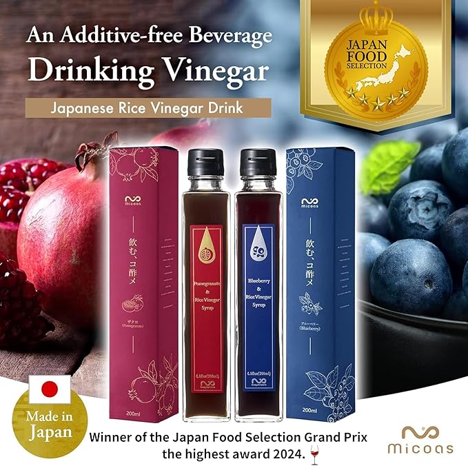 [Micoas] Pomegranate & Rice Vinegar Syrup, Blueberry & Rice Vinegar Syrup, Drinking Vinegar, Shrub, For Gift, Alternative to Alcohol Drink, With Kombucha , Gluten Free , Made in Japan, 200ml (6.8 oz), 4 Pack