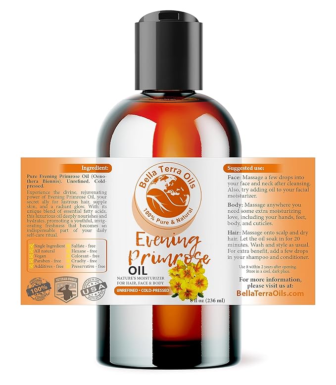 Bella Terra Oils - Organic Evening Primrose Oil 8 oz - Pure Primrose Extract, Enriched with GLA & Antioxidants, Perfect for Skin & Hair Nourishment