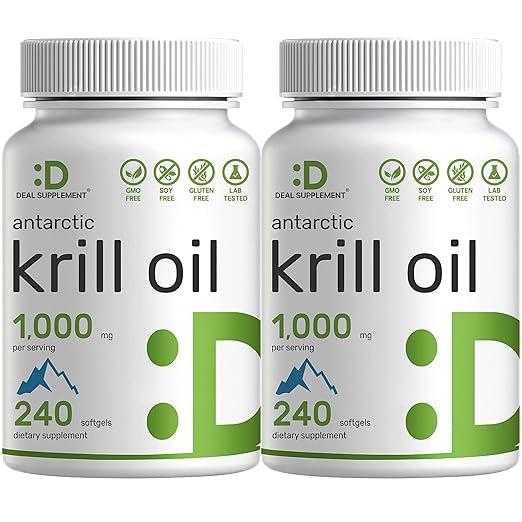 DEAL SUPPLEMENT 2 Pack Antarctic Krill Oil, 1,000mg Per Serving, 480 Softgels – Mercury Free, No Fishy Taste – Rich in Omega-3s, EPA, DHA, Astaxanthin, & Phospholipids – Non-GMO, No Gluten