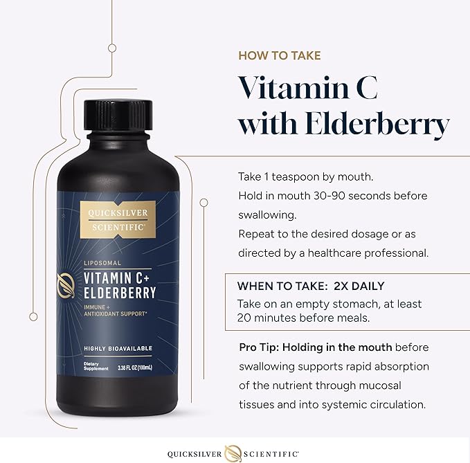 Quicksilver Scientific Liposomal Vitamin C + Elderberry - Liposomal Vitamin C 1000mg with Superior Absorption Technology & Tocotrienols - Antioxidant & Immune Support Tonic (100ml)