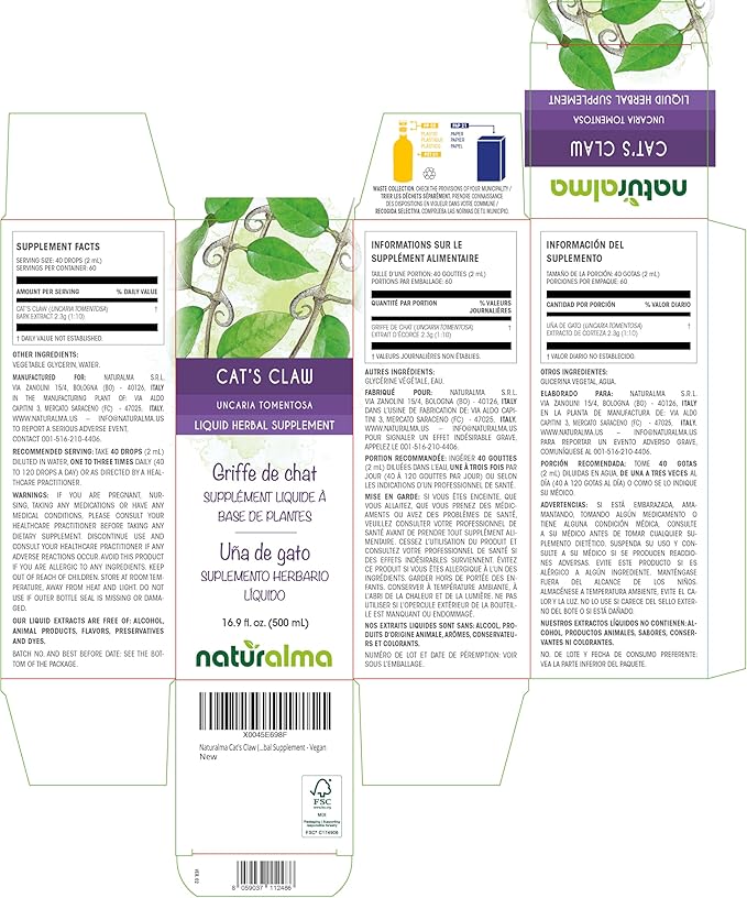 Naturalma Cat's Claw (Uncaria tomentosa) bark Alcohol-Free Tincture - 16.9 fl oz Liquid Extract in Drops - Herbal Supplement - Vegan