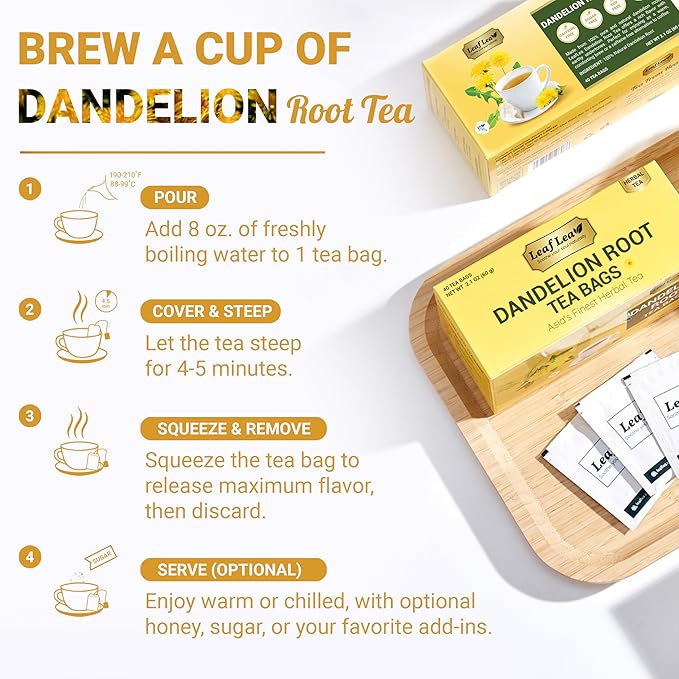 LeafLea Dandelion Root Tea Bags, 240 Count, Natural Dandelion Root Herbal Tea Blend, Supports Digestive and Immune Health, Caffeine-Free, Sugar-Free, Vegan, Gluten-Free, Pack of 6