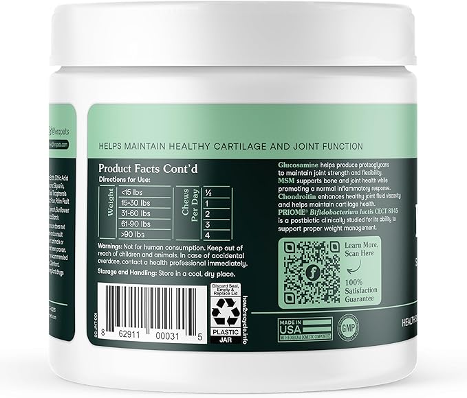 Fera Pet Organics Hip and Joint Supplement for Dogs 90 Chews Vet Created with Glucosamine Chondroitin, Omega 3, and Postbiotics to Support Overall Joint Health, Comfort, and Mobility