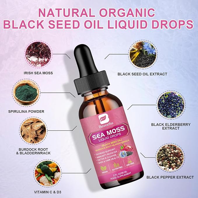 B BEWRTHS Sea Moss Liquid Drops - Black Seed Oil & Irish Sea Moss Gel with Burdock Root Bladderwrack, Elderberry, 6X Stronger Qrganic Seamoss Raw Supplement for Digestive, Hair Health - Vegan, 2 Fl.oz