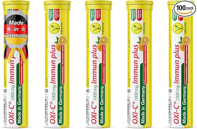 T&D Oxi C 1000 mg Vitamin C - 100 Vegan Drink Effervescent Tablets - Orange Flavor - Made in Germany