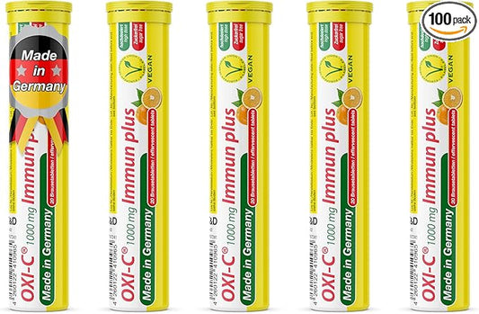 T&D Oxi C 1000 mg Vitamin C - 100 Vegan Drink Effervescent Tablets - Orange Flavor - Made in Germany