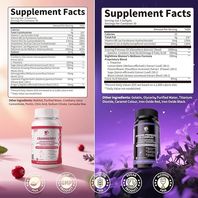 Evening Primrose Oil & Cranberry Wellness Duo – Supports Urinary Health, Hormonal Balance, Skin Health, Stress Relief, and Relaxation – Daytime Clarity & Nighttime Calm – 30-Day Supply