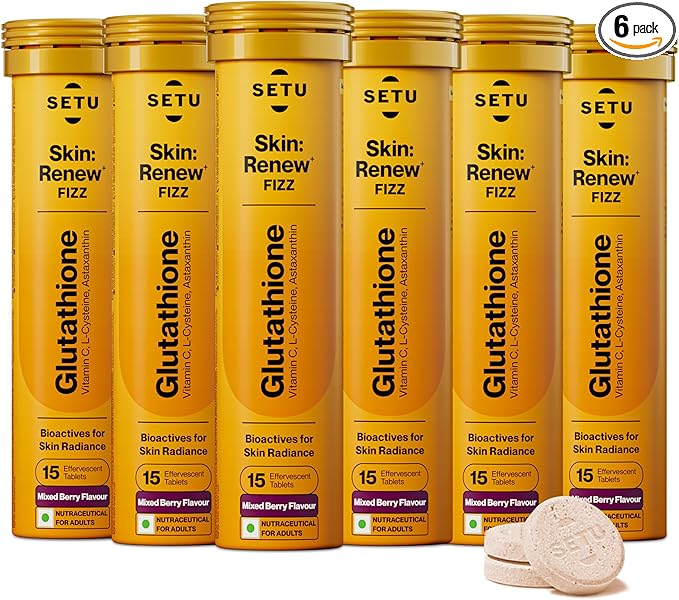 SETU Glutathione Effervescent Tablets with 500mg L-Glutathione & Vitamin C | Sugar-Free Antioxidant Supplement | Mixed Berry (Pack of 6)