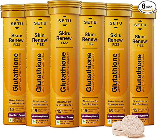 SETU Glutathione Effervescent Tablets with 500mg L-Glutathione & Vitamin C | Sugar-Free Antioxidant Supplement | Mixed Berry (Pack of 6)