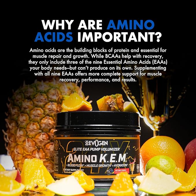 Evogen Amino K.E.M. - EAA & BCAA Powder Pump Volumizer | BCAAs Amino Acids Supplement for Blood Flow, Muscle Growth, & Hydration | Victory Punch | 30 Servings