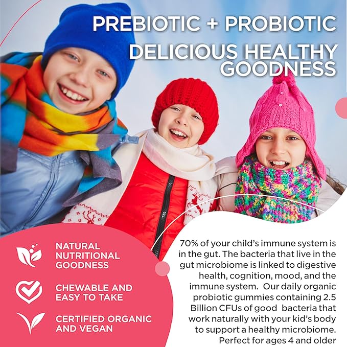 Daily Probiotics for Digestive Health. Organic Probiotic Gummies for Kids Digestion Supplement, Stomach Discomfort. Chewable Children’s Probiotics, Kids Probiotic Prebiotic Gummies, Vegan 120ct (6)