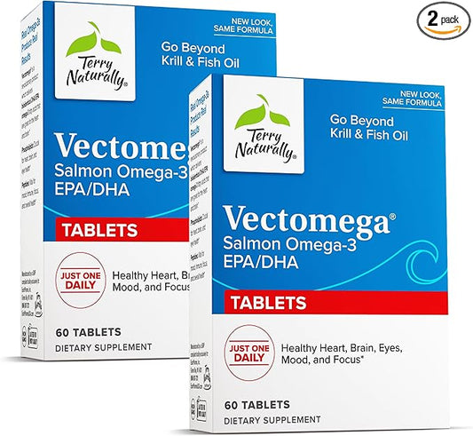Terry Naturally Vectomega - Supplement with EPA & DHA - Omega-3 Tablets for Brain & Heart Health Support - Nutritional Supplement with Essential Fatty Acids & Peptides - 60 Tablets (Pack of 2)