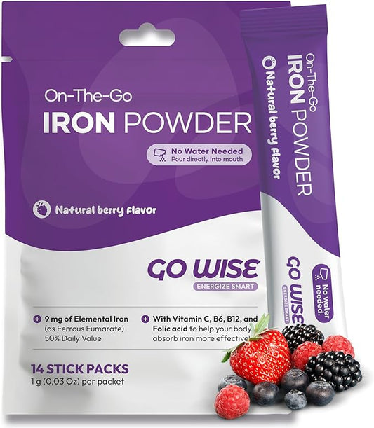 Go Wise Iron Powder - 14 Stick Packs with Vitamin C, B6, B12 and Folic Acid for Direct Consumption, No Water Needed - Gentle Iron Supplement for Women and Adults