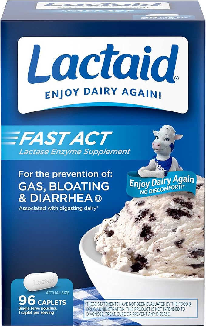 Lactaid Fast Act Lactose Intolerance Relief Caplets with Lactase Enzyme, 96 Count & Fast Act Lactose Intolerance Chewables with Lactase Enzymes, Vanilla, 60 Count (Pack of 1)