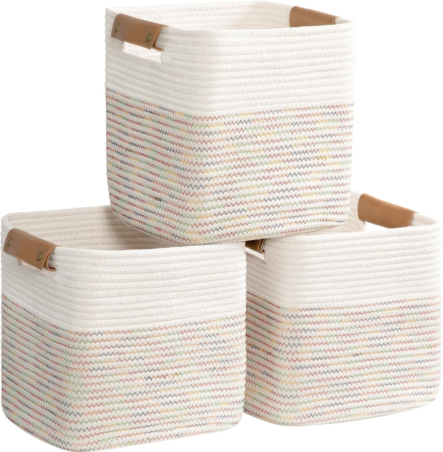 danpinera 11"x11" Storage Cubes, Soft Boho Storage Basket with Neat Stitching, 3-Pack Cube Storage Organizer, Woven Baskets for Storage in Living Room, Kids Room, Bedroom, Rainbow