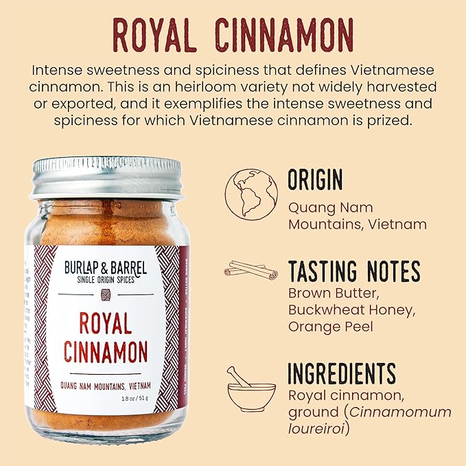 Burlap & Barrel Royal Cinnamon – Intense Sweetness & Spiciness of Vietnamese Cinnamon Powder & Spice – As seen on Shark Tank - 1.8oz Glass Jar