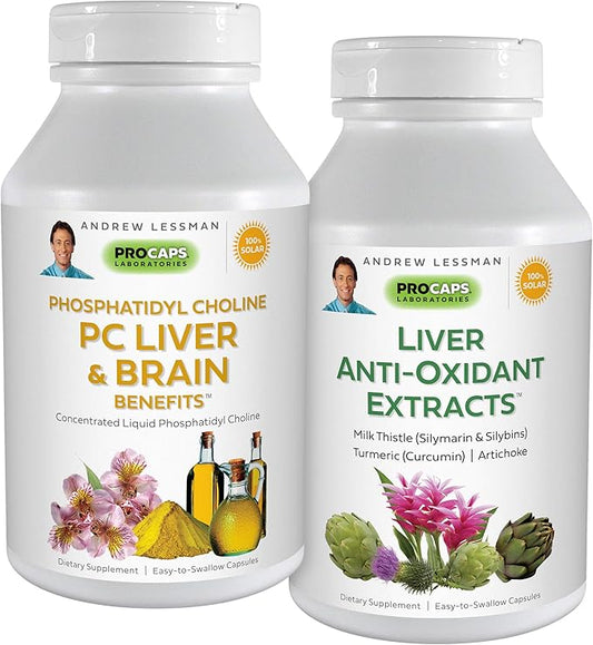 ANDREW LESSMAN PC Liver and Brain Benefits + Liver Anti-Oxidant Extracts Kit: 300 Capsules (180+120) - Phosphatidyl Choline, Milk Thistle, Artichoke, Curcumin.