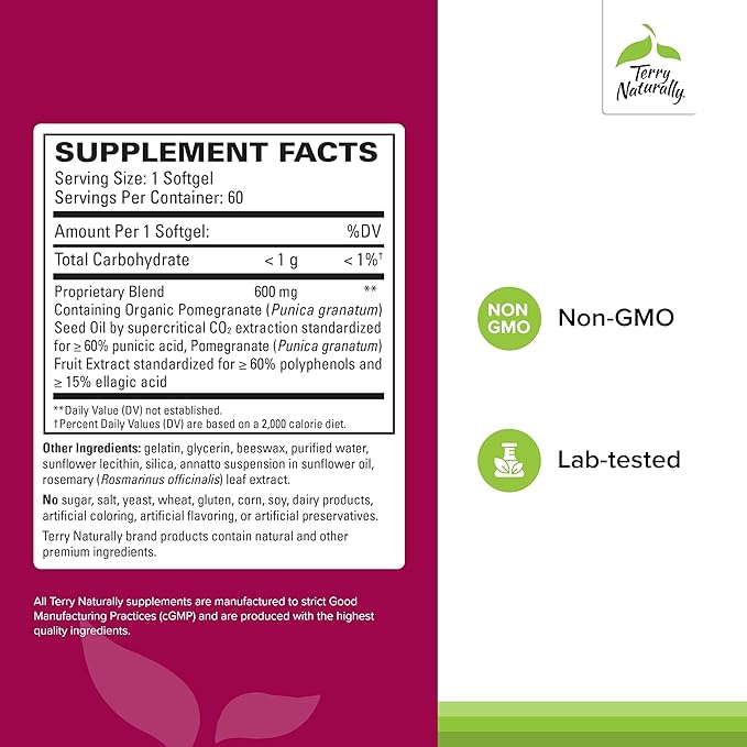 Terry Naturally Pomegranate Seed Oil - Dietary Supplement to Support Cardiovascular Health - Herbal Non-GMO Supplement with Omega-5 & Pomegranate Extract - 60 Softgels