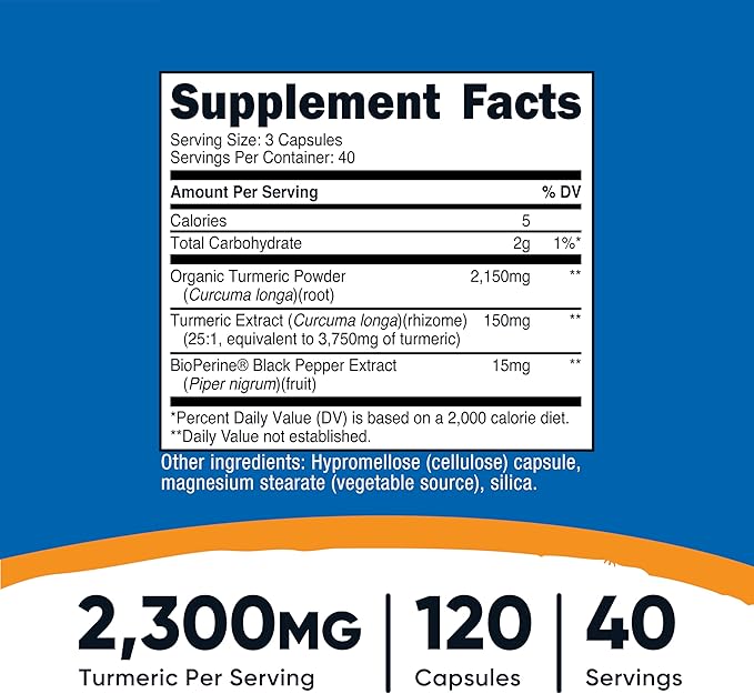 Nutricost Turmeric Curcumin with BioPerine and 95% Curcuminoids, 2300mg, 120 Capsules, Veggie Capsules, 767mg Per Cap, 40 Servings, Gluten Free, Non-GMO