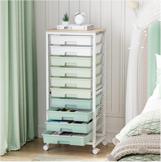 Rolling Cart with Drawers,10 Drawer Rolling Cart,Storage Cart,Utility Cart,Teacher Cart for Classroom Storage,Craft Cart with Wheels and Wooden Tabletop,Green