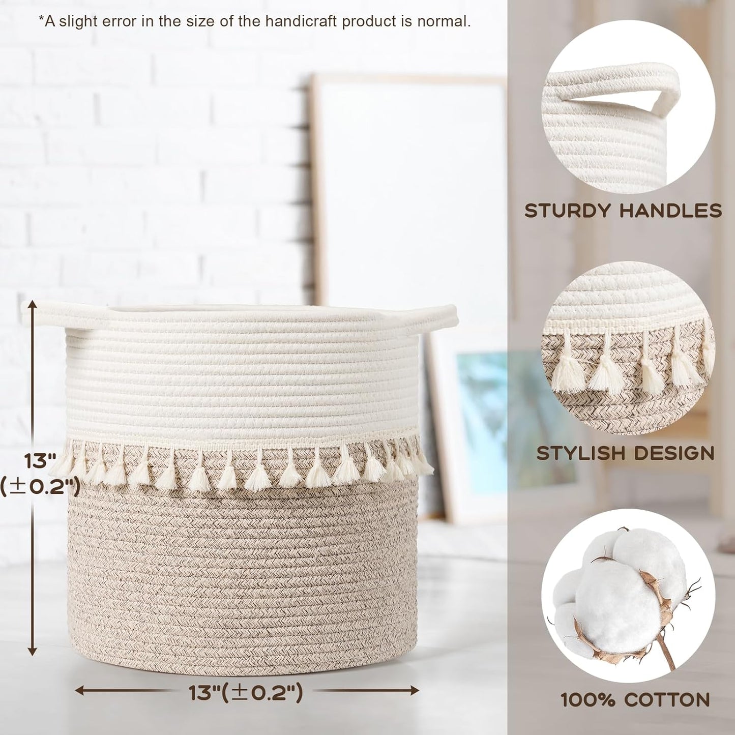 danpinera Storage Baskets, 13"x13" Woven Baskets for Storage, 3 Pack Soft Round Storage Bins for Storage Pillows, Towels, Clothes, White & Mixed Brown